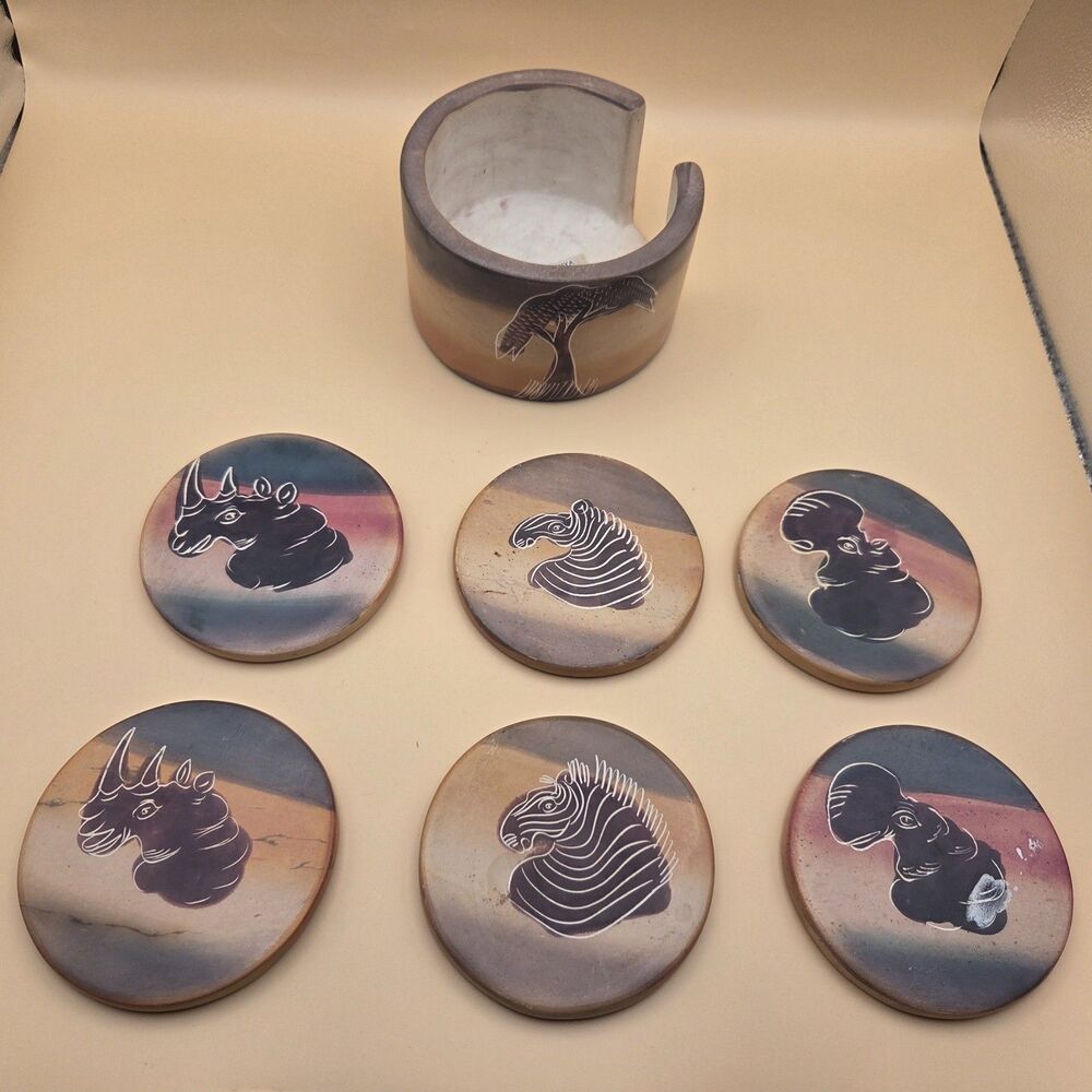 Vintage Kenyan Hand-Carved Soapstone Coasters - Set of 6 with Holder -...
